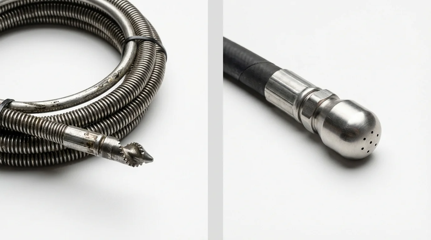 Drain snake cable and hydro jetting nozzle used for drain cleaning in Valley Center, KS