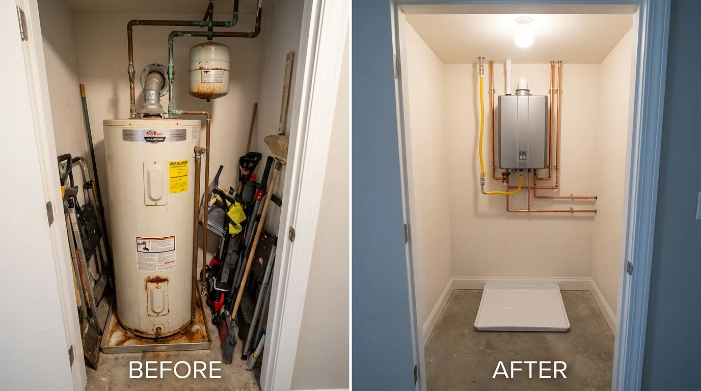 Tank water heater versus wall-mounted tankless unit comparison for Valley Center, KS homeowners