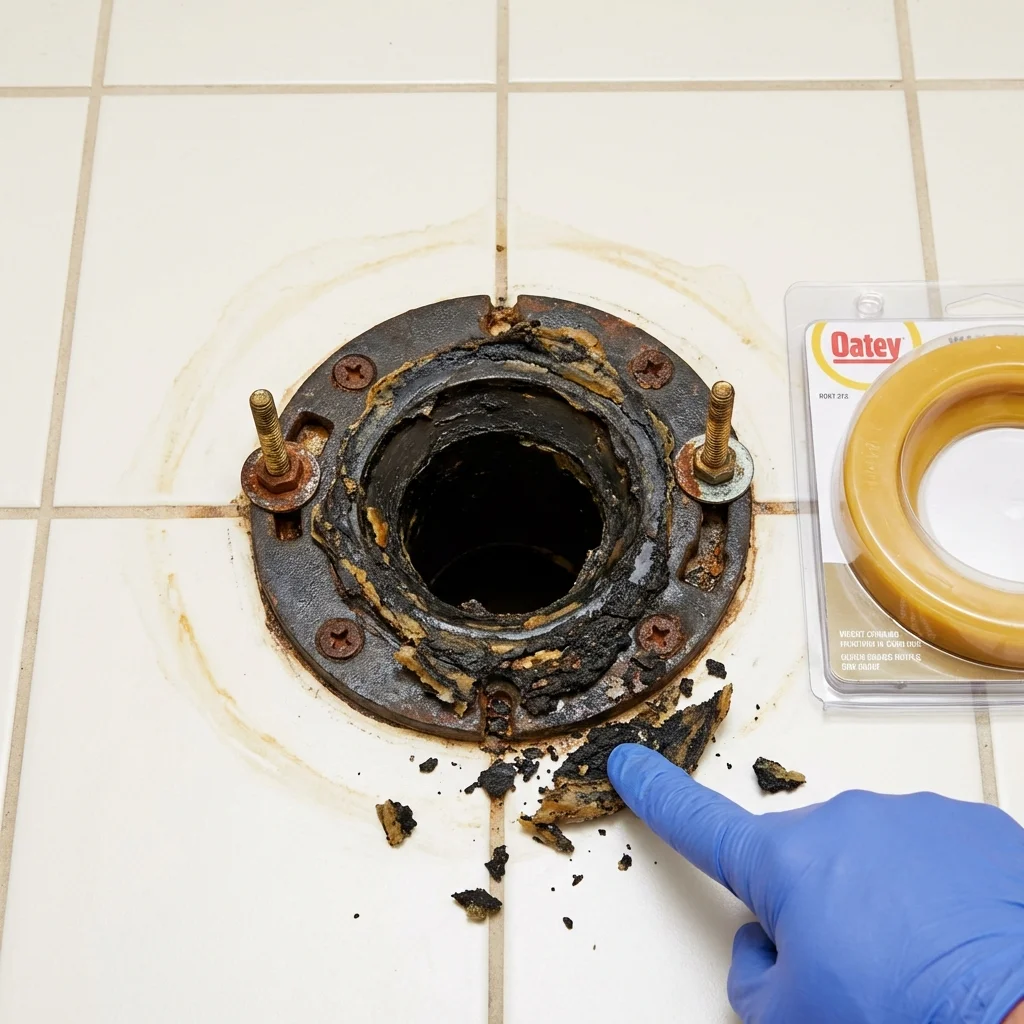 Failed wax ring showing water seepage at the base of a toilet in a Valley Center, KS home
