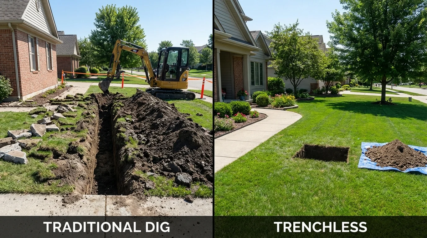 Trenchless sewer repair with minimal yard damage versus traditional excavation in Valley Center, KS