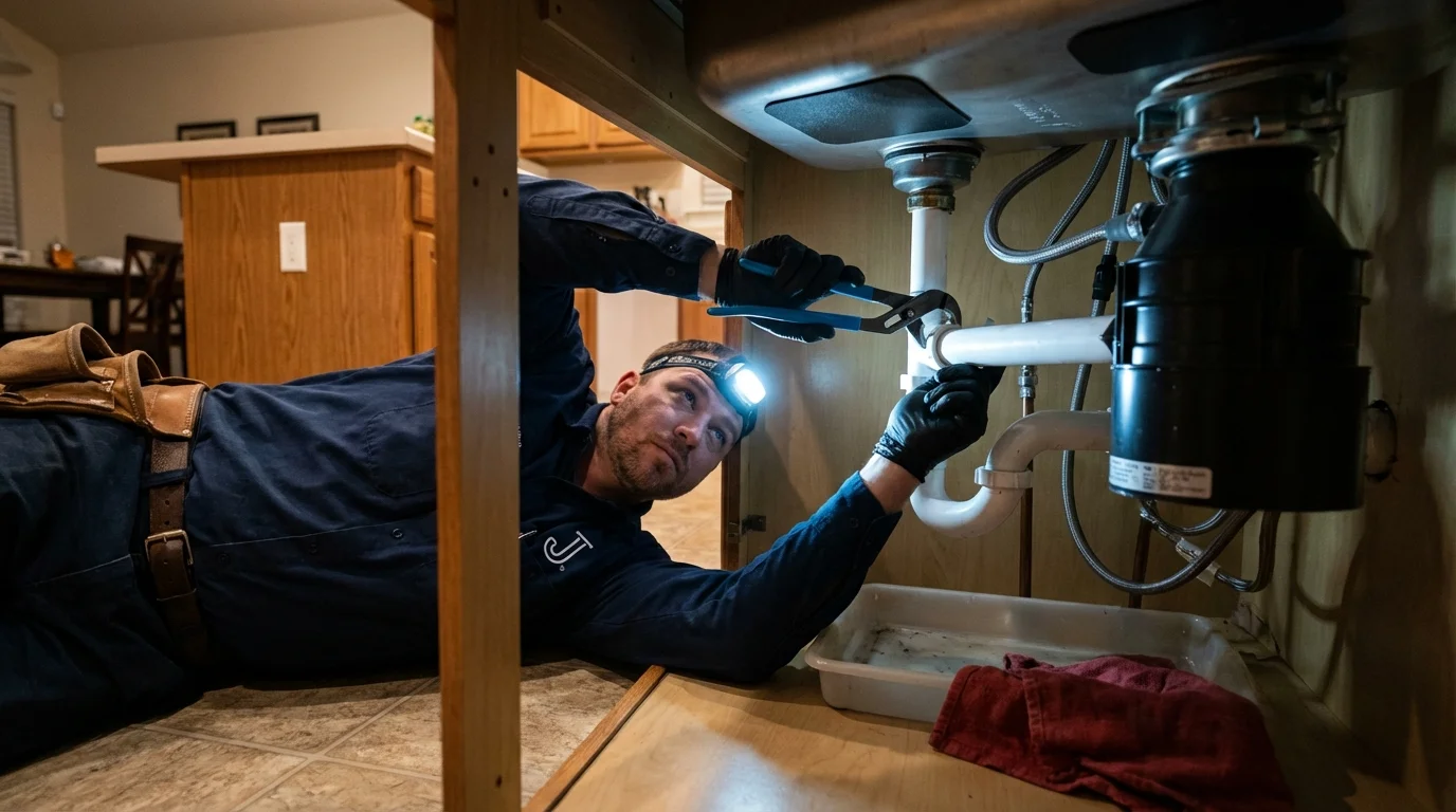 P-trap and supply line connections under a kitchen sink showing a common leak point in Valley Center, KS